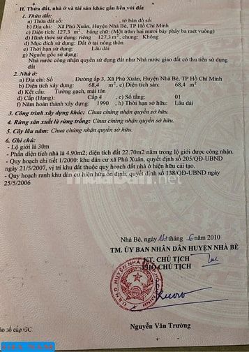 BÁN NHÀ MẶT TIỀN : 2226 HUỲNH TẤN PHÁT - X. PHÚ XUÂN - H. NHÀ BÈ - HCM
