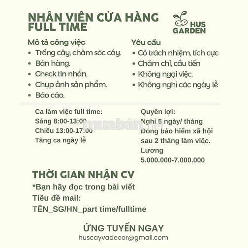 TUYỂN NHÂN VIÊN BÁN HÀNG CÂY CẢNH