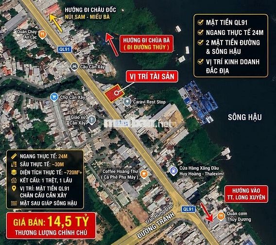 Bán mặt bằng Kinh Doanh QL91 Long Xuyên ngang 24m giáp sông Hậu