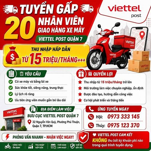  TUYỂN NHÂN VIÊN GIAO HÀNG XE MÁY – VIETTEL POST QUẬN 7 