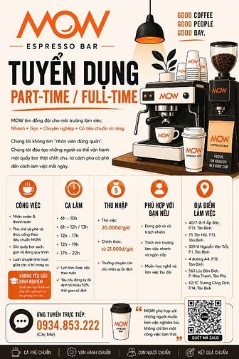 MOW COFFEE TUYỂN DỤNG GẤP 10 NHÂN VIÊN PHỤC VỤ