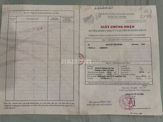 Tôi chính chủ cần bán nhà 259/29A HOÀNG VĂN THỤ, P02.Q.PHÚ NHUẬN