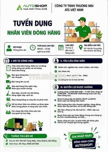 [KO CẦN KN] NHÂN VIÊN ĐÓNG HÀNG ĐÀ NẴNG