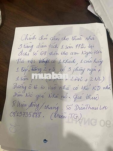 Chính chủ cần cho thuê nhà 3 tăng diện tích 1 sàn 77mm2