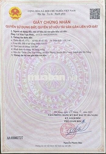 Lô đất thổ cư Thôn Cẩm Toại Đông, Xã Hoà Vang giá tốt