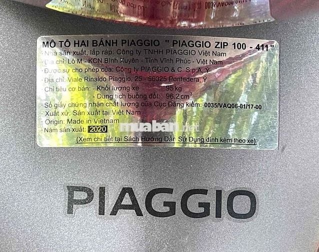 Piaggio Zip 100/2020 bao kí giấy