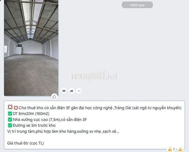 CHO THUÊ KHO XƯỞNG PHƯỜNG TRẢNG DÀI GIÁ 6 TRIỆU