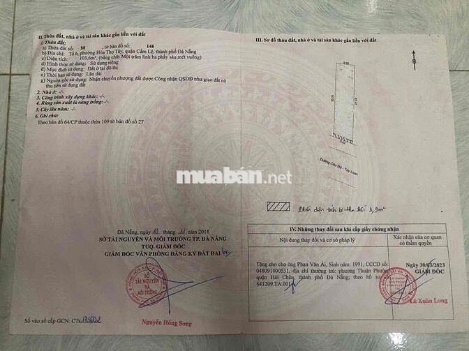 bán đất mặt tiền cầu đỏ tuý loan trục 7,5m lề 4m