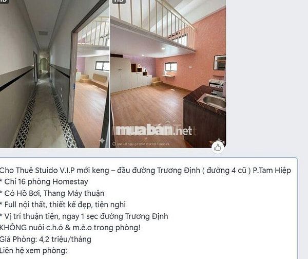 CHO THUÊ STUDIO PHƯỜNG TAM HIỆP GIÁ 4,2 TRIỆU