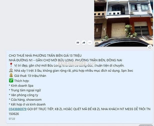 CHO THUÊ NHÀ PHƯỜNG TRẤN BIÊN GIÁ 13 TRIỆU