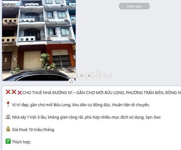 CHO THUÊ NHÀ PHƯỜNG TRẤN BIÊN GIÁ 13 TRIỆU