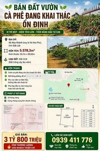 Bán Vườn Cà Phê Xã Hòa Khánh Giá Ngộp