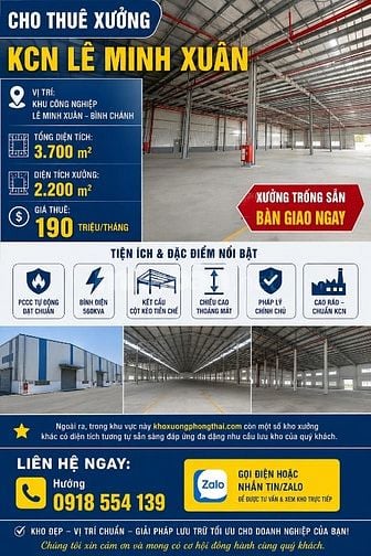 CHO THUÊ NHÀ XƯỞNG KCN LÊ MINH XUÂN 3 DT 2200 GIÁ 190TR