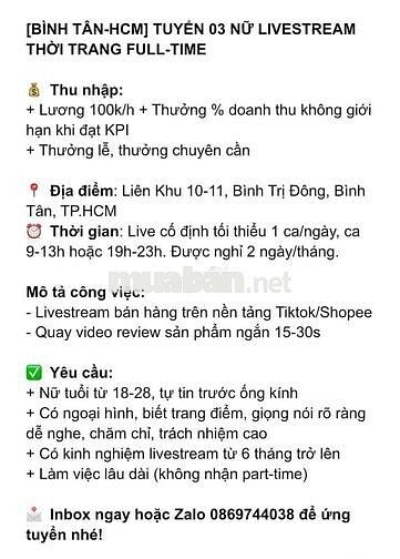 [BÌNH TÂN-HCM] TUYỂN 03 NỮ LIVESTREAM THỜI TRANG F