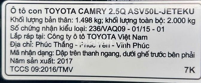 Camry 2.5Q 1 Chủ Từ Đầu 2017 bảo dưỡng full hãng