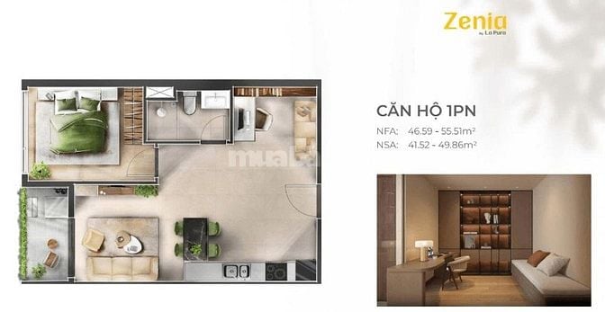 Chính chủ cần sang nhượng căn hộ 1PN+1 [54,47 m²] - Tháp Zenia 2 