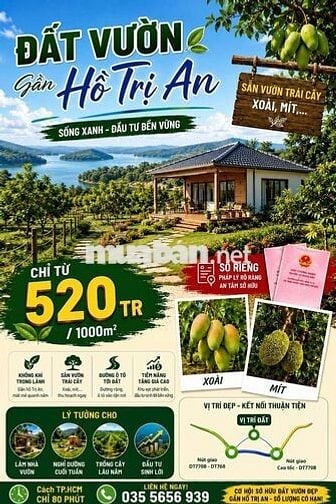 🍃 CHỈ 520TR CÓ Ngày 1000m2 vườn TẬN HƯỞNG Không Gian Yên Bình Gần Sông