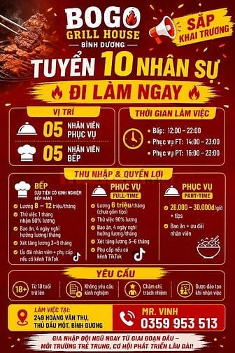 TUYỂN 10 NHÂN VIÊN PHỤC VỤ, BẾP BÌNH DƯƠNG
