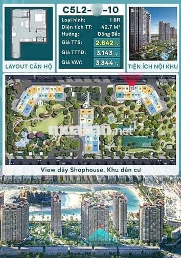 CĂN HỘ 1 NGỦ 43M² GIÁ *** DỰ ÁN MASTERI GRAND COST OCEAN PARK 2