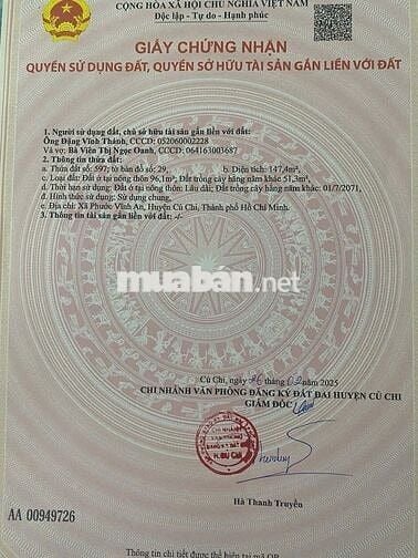 🔥 ĐẤT ĐẸP PHƯỚC VĨNH AN CỦ CHI – NỞ HẬU 8.8M – FULL THỔ CƯ 🔥