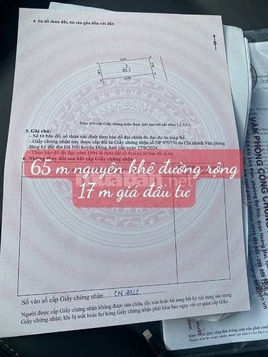 BÁN 65M LÔ GÓC BÌA LÀNG NGUYÊN KHÊ. ĐƯỜNG 17M, CẠNH VIN BẮC HỒNG