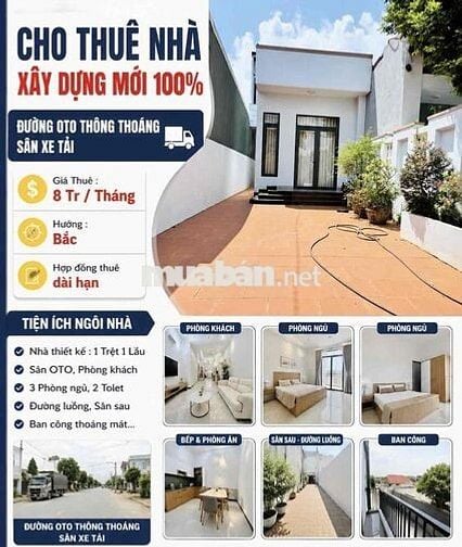 CHO THUÊ NHÀ - XÂY DỰNG MỚI 100%  - ĐƯỜNG OTO THÔNG THOÁNG