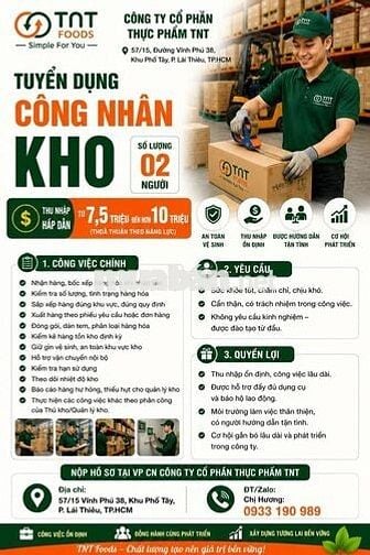 Tuyển phụ bếp, công nhân ngành thực phẩm và kho