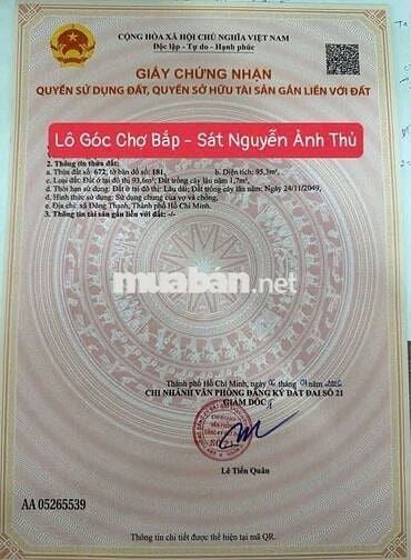 Bán Đất Thổ Cư Lô Góc 5 x 20m Full Thổ Cư  Giá 4.968 Tỷ Đg Tô Ký  TTT 