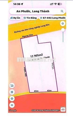 1.4HA ĐẤT MẶT TIỀN ĐƯỜNG VÀO KCN LONG ĐỨC - QH THỔ CƯ !
