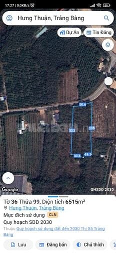Bán đất 6515m2. Mặt tiền đường nhựa lớn 50, 6m. Thích hợp kinh doanh