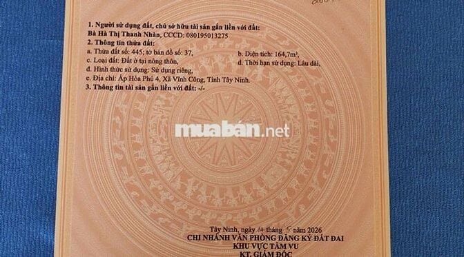 chính chủ cần bán lô đất thổ cư thuộc Hoà Phú Châu Thành