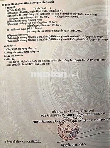 BÁN 1233M2 ĐẤT THỔ CƯ - MẶT TIỀN BÊ TÔNG !