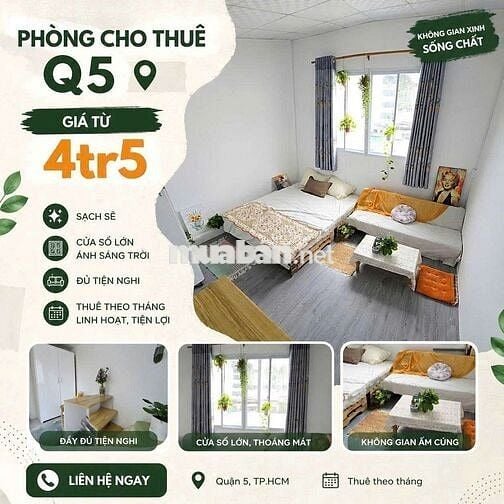 Phòng trọ đầy đủ nội thất trung tâm Q3-Q5 sát Q1