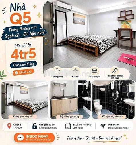 Phòng trọ đầy đủ nội thất trung tâm Q3-Q5 sát Q1