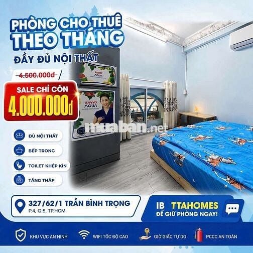 Phòng trọ đầy đủ nội thất trung tâm Q3-Q5 sát Q1