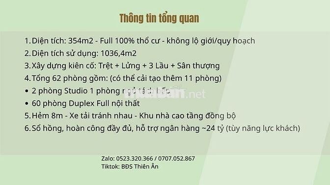 Dòng Tiền 300tr/tháng, CHDV 5 Tầng, 62 phòng, 36 tỷ 8 thương lượng!