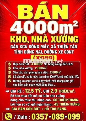 BÁN 4000m2 KHO, NHÀ XƯỞNG THIỆN TÂN GẦN KCN SÔNG MÂY, ĐỒNG NAI,SỔ HỒNG