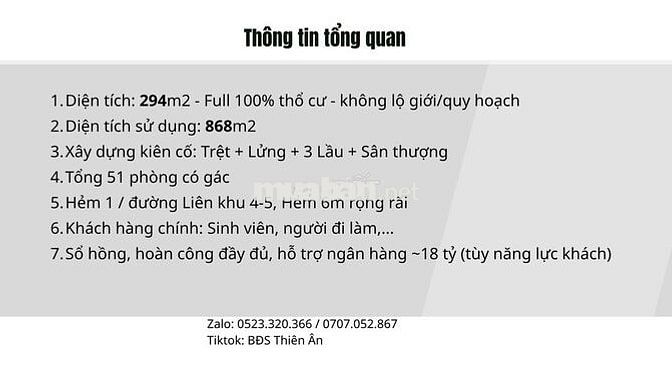 Bán CHDV dòng tiền 190tr/tháng, 294m2 đất full thổ cư, 26 tỷ 5 còn TL