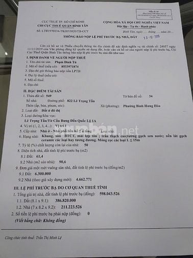 Bán nhà mặt tiền chính chủ số 822 lê Trọng Tấn