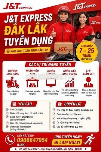 J&T TUYỂN DỤNG SHIPPER – ĐẮK LẮK