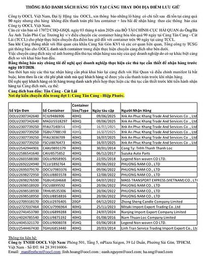 Công ty OOCL Việt Nam THÔNG BÁO THAY ĐỔI ĐỊA ĐIỂM LƯU GIỮ HÀNG TỒN