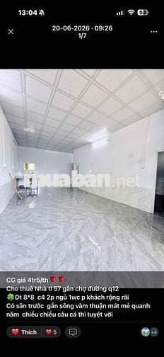 cho Thuê nhà tl 57 q12 Gia 4tr5 2p ngủ. có sân