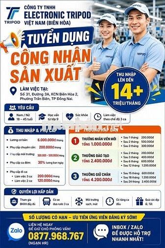TUYỂN CÔNG NHÂN CTY ĐIỆN TỬ BIÊN HÒA LƯƠNG 14TR+