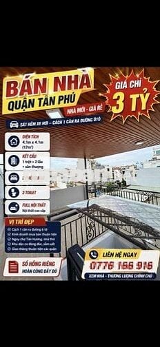 Nhà mới ngay tân phú - Chợ tân hương - 4 tầng BTCT - chỉ 3 tỷ còn TL