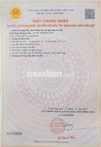 ĐẤT NỀN MẶT TIỀN ĐƯỜNG D1 LONG HỒ TỈNH VĨNH LONG