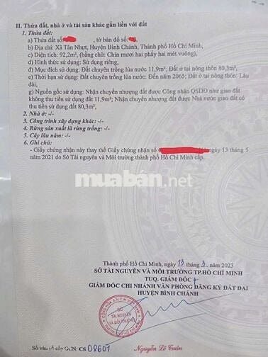 Bán Đất Thổ Cư Giá Rẻ Xã Tân Nhựt Bình Chánh TP HCM.
