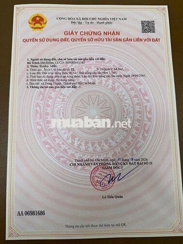 Bán đất THỔ CƯ GẦN CHỢ ĐÔNG THẠNH, HÓC MÔN