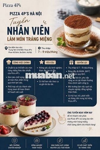 Nhân Viên Làm Món Tráng Miệng Thu Nhập 7 - 9 tr