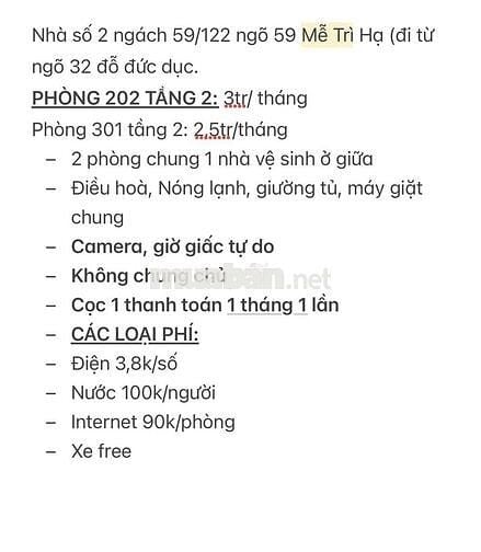 Phòng trọ full điều hoà nội thất Phố mễ trì hạ