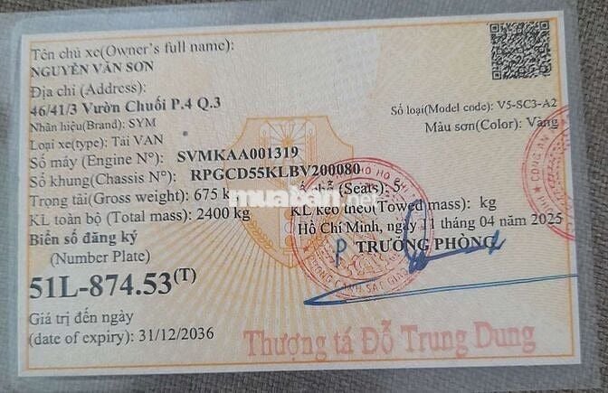 Xe tải van SYM V5-SC3-A2 Vàng 1.4
